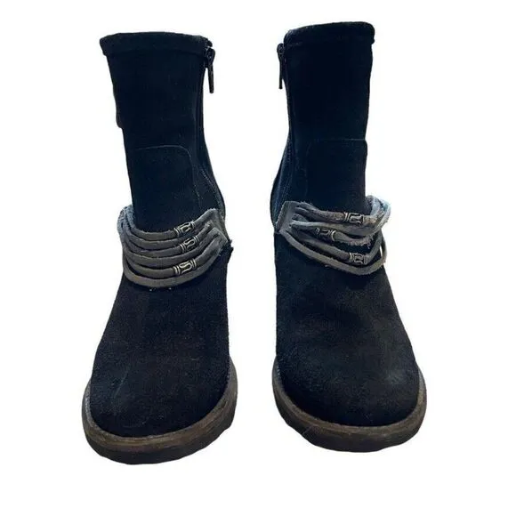 Bos &amp; Co Black Suede Fringe Ankle Bootie Boots Western Block Heel Sz 36