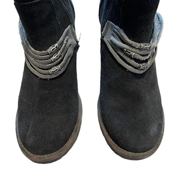 Bos &amp; Co Black Suede Fringe Ankle Bootie Boots Western Block Heel Sz 36