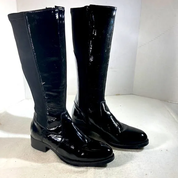 Bos &amp; Co Women’s Black Patent Leather and Micro Suede Tall Moto Goth Emo Boots