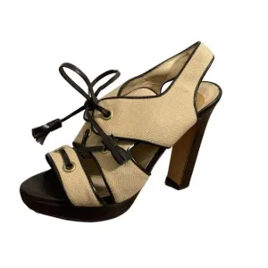 bottega veneta Authentic Beige Brown lace up Block High Heel slingback Sandals 6