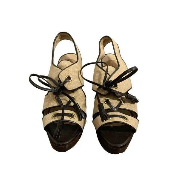 bottega veneta Authentic Beige Brown lace up Block High Heel slingback Sandals 6