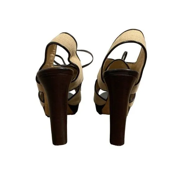 bottega veneta Authentic Beige Brown lace up Block High Heel slingback Sandals 6