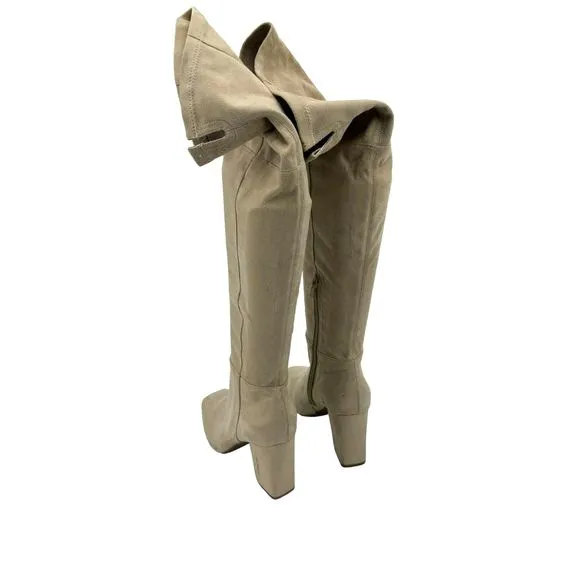 BP Cali Stretch Square-Toe Over-the-Knee Block Heel Boot Taupe Size 7 NWOB