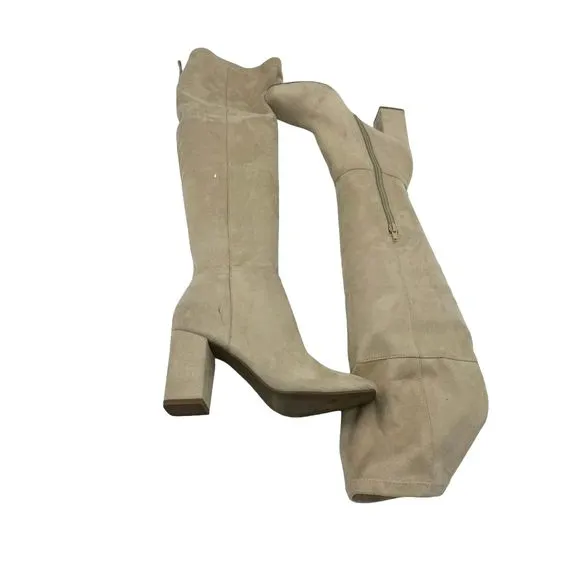 BP Cali Stretch Square-Toe Over-the-Knee Block Heel Boot Taupe Size 7 NWOB