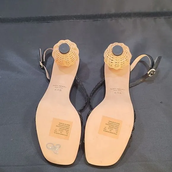 BRAND NEW KATE SPADE VALENCIA  RAFIA BALL STRAPPY SANDALS WITH WOVEN HEEL