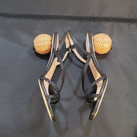 BRAND NEW KATE SPADE VALENCIA  RAFIA BALL STRAPPY SANDALS WITH WOVEN HEEL