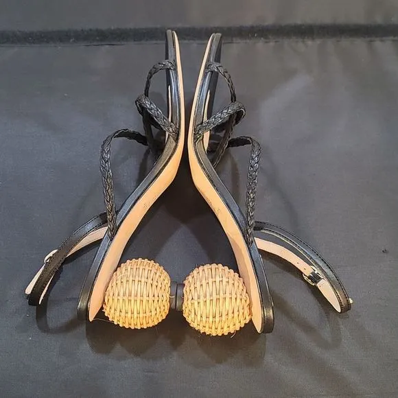 BRAND NEW KATE SPADE VALENCIA  RAFIA BALL STRAPPY SANDALS WITH WOVEN HEEL