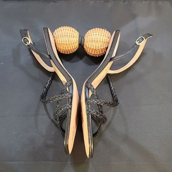 BRAND NEW KATE SPADE VALENCIA  RAFIA BALL STRAPPY SANDALS WITH WOVEN HEEL