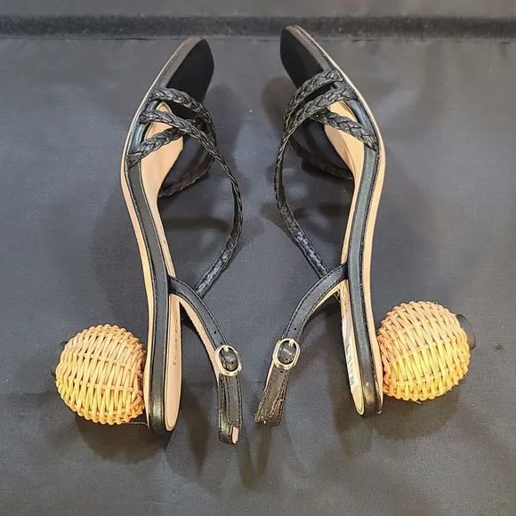 BRAND NEW KATE SPADE VALENCIA  RAFIA BALL STRAPPY SANDALS WITH WOVEN HEEL