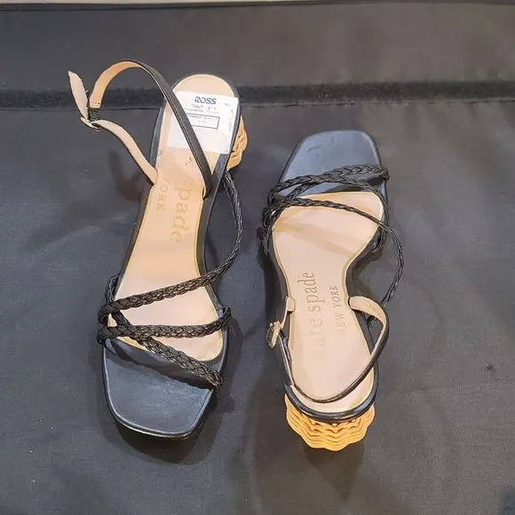 BRAND NEW KATE SPADE VALENCIA  RAFIA BALL STRAPPY SANDALS WITH WOVEN HEEL