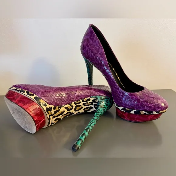Brian Atwood Fontanne Purple Snakeskin Green Leopard Platform Pumps Size 8.5 EUC