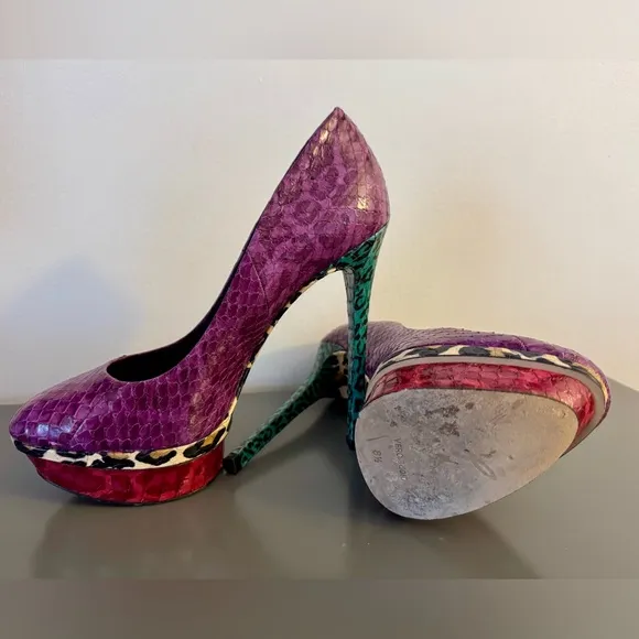 Brian Atwood Fontanne Purple Snakeskin Green Leopard Platform Pumps Size 8.5 EUC
