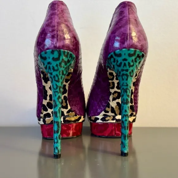 Brian Atwood Fontanne Purple Snakeskin Green Leopard Platform Pumps Size 8.5 EUC