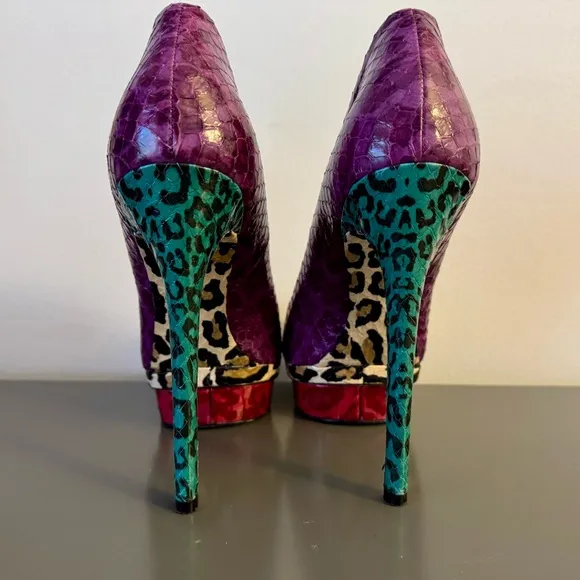 Brian Atwood Fontanne Purple Snakeskin Green Leopard Platform Pumps Size 8.5 EUC