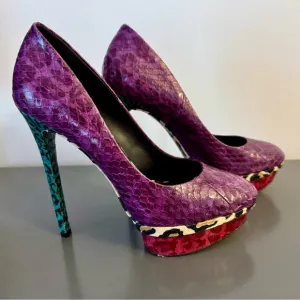 Brian Atwood Fontanne Purple Snakeskin Green Leopard Platform Pumps Size 8.5 EUC