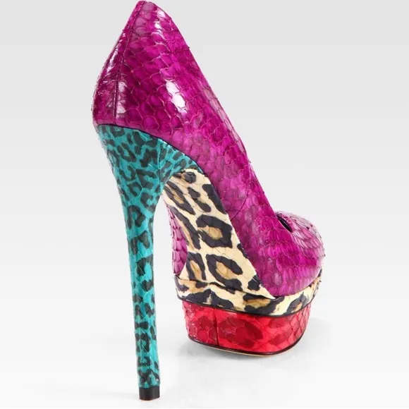 Brian Atwood Fontanne Purple Snakeskin Green Leopard Platform Pumps Size 8.5 EUC