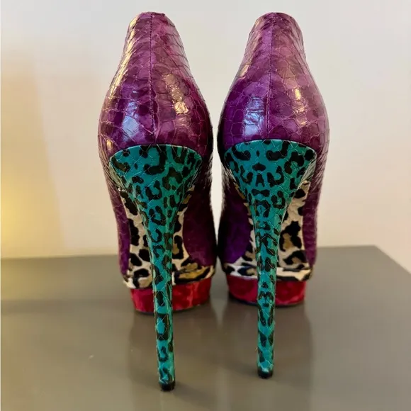 Brian Atwood Fontanne Purple Snakeskin Green Leopard Platform Pumps Size 8.5 EUC
