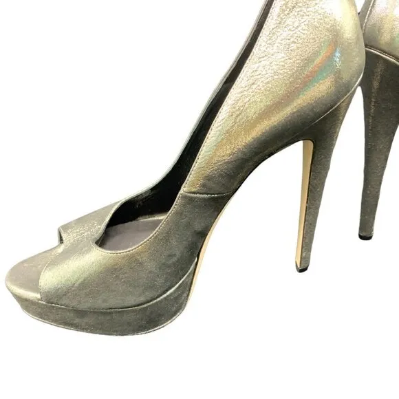 BRIAN Atwood Madison Avenue Gold Platform Peep Toe Heels Size 10.5