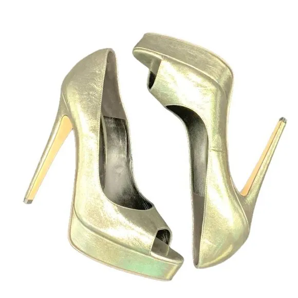 BRIAN Atwood Madison Avenue Gold Platform Peep Toe Heels Size 10.5