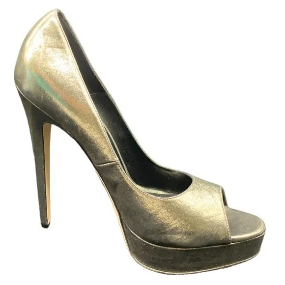 BRIAN Atwood Madison Avenue Gold Platform Peep Toe Heels Size 10.5