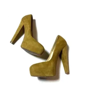 Brian Atwood Suede Heels Hidden Platform Tan Brown Leather Chunky Size 36 Shoes