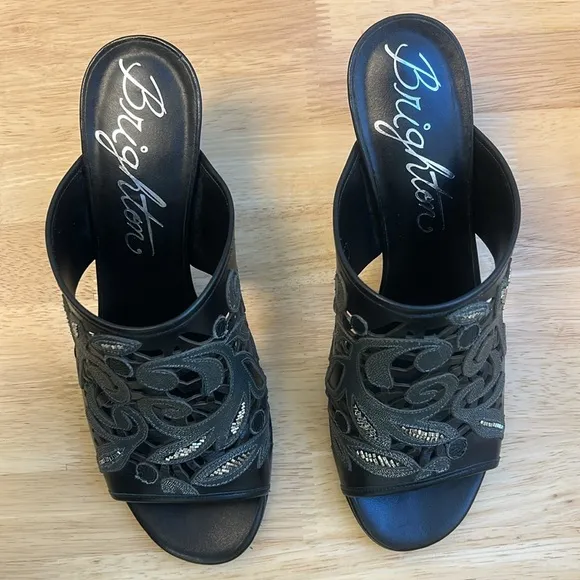 Brighton Revue Catch The Moon Black Leather Beaded Slip-On High Heel Sandals