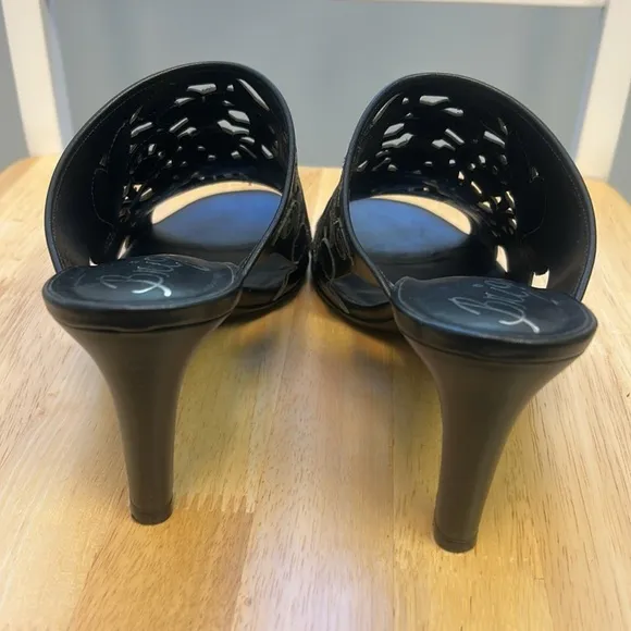 Brighton Revue Catch The Moon Black Leather Beaded Slip-On High Heel Sandals