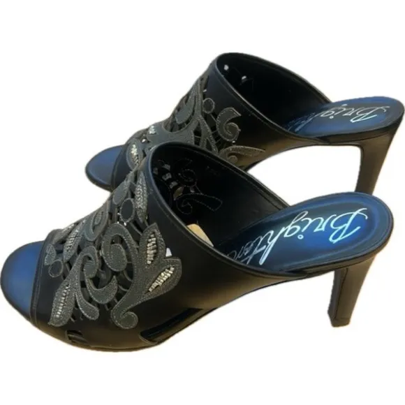 Brighton Revue Catch The Moon Black Leather Beaded Slip-On High Heel Sandals