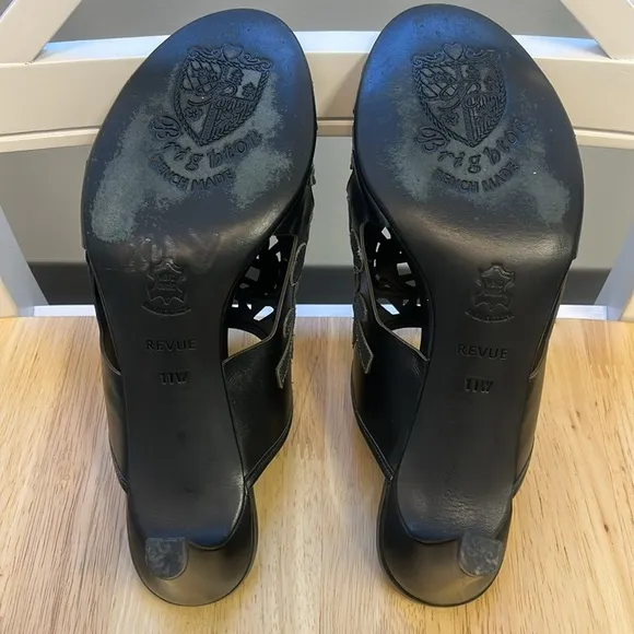 Brighton Revue Catch The Moon Black Leather Beaded Slip-On High Heel Sandals