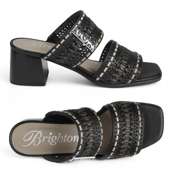BRIGHTON Tonia‎ Black Sandals Wedge Heels size 8 1/2 8.5 Leather Shoes Silver