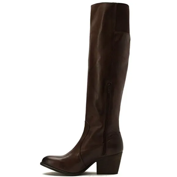 Brown Genuine Leather Block Heel Knee High Boots