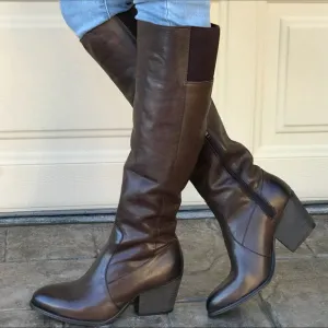 Brown Genuine Leather Block Heel Knee High Boots