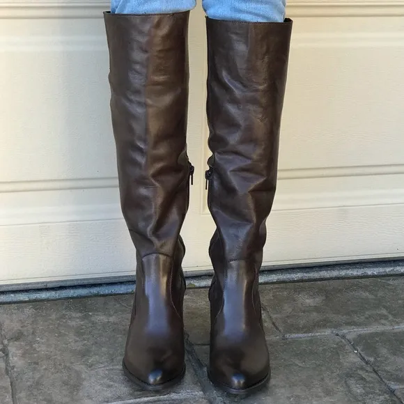 Brown Genuine Leather Block Heel Knee High Boots