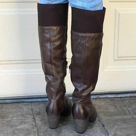 Brown Genuine Leather Block Heel Knee High Boots