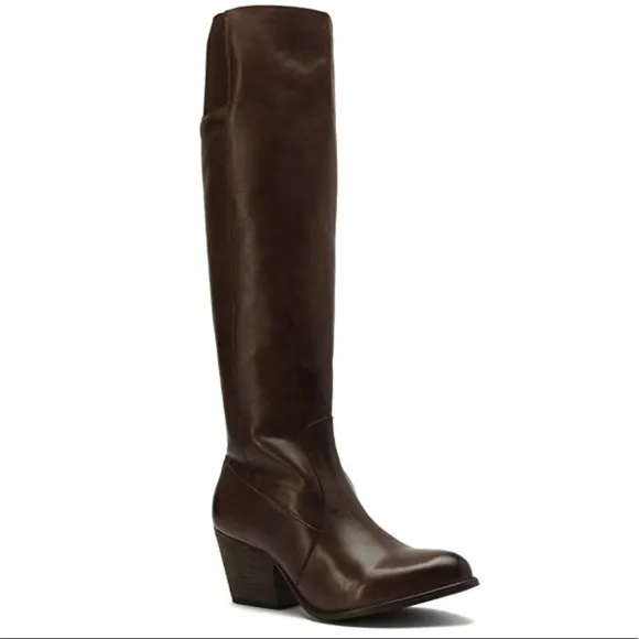 Brown Genuine Leather Block Heel Knee High Boots