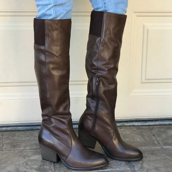 Brown Genuine Leather Block Heel Knee High Boots
