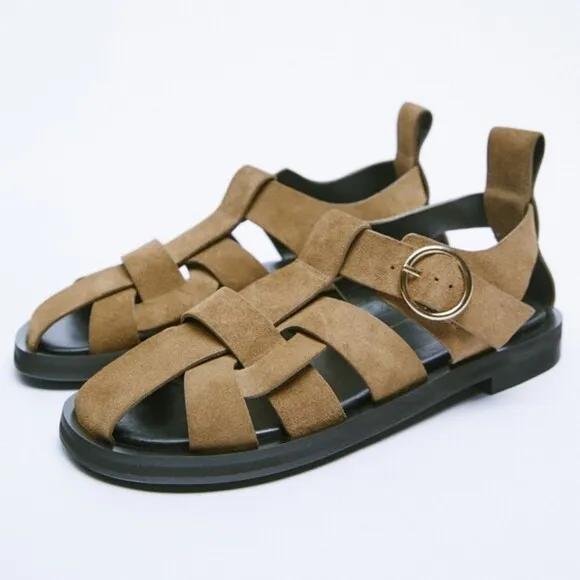 Brown Zara Leather Crisscross Interwoven Straps Low Heel Sandals (NWT)