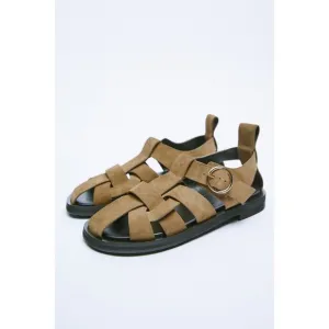 Brown Zara Leather Crisscross Interwoven Straps Low Heel Sandals (NWT)