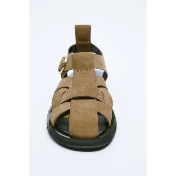 Brown Zara Leather Crisscross Interwoven Straps Low Heel Sandals (NWT)