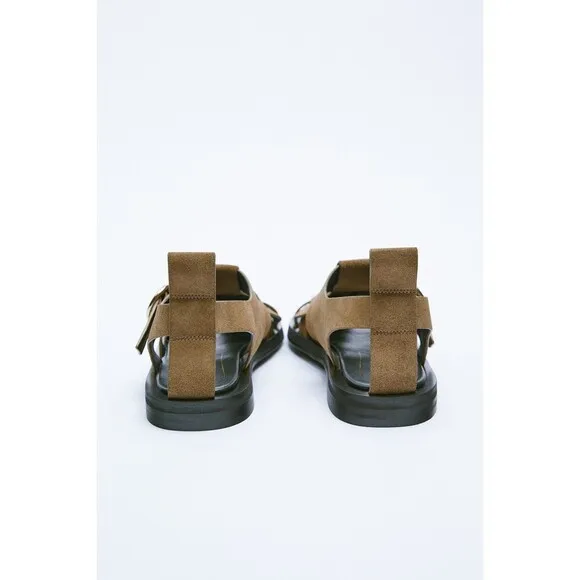 Brown Zara Leather Crisscross Interwoven Straps Low Heel Sandals (NWT)