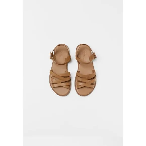 Brown Zara Leather Cross-Straps Round Open-Toe Low-Heel Sandals (NWT)
