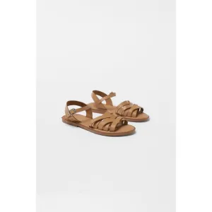 Brown Zara Leather Cross-Straps Round Open-Toe Low-Heel Sandals (NWT)