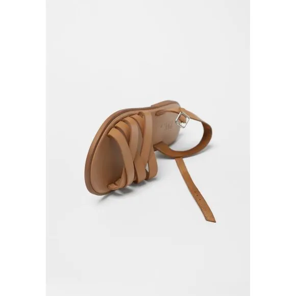 Brown Zara Leather Cross-Straps Round Open-Toe Low-Heel Sandals (NWT)