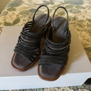BRUNELLO CUCINELLI Dark gray Monili Block Heel Sandal 35