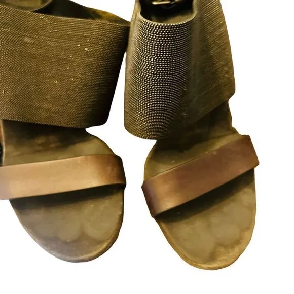 Brunello Cucinelli Monili Strap Block Heel Sandals size39 brown metallic leather