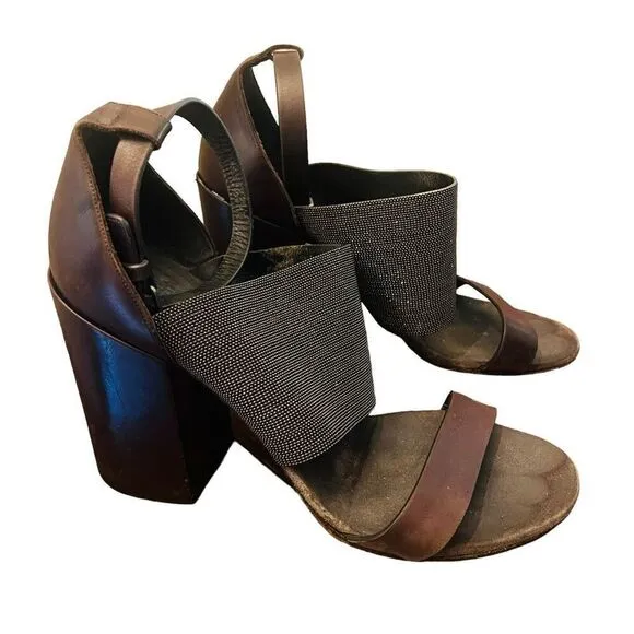 Brunello Cucinelli Monili Strap Block Heel Sandals size39 brown metallic leather