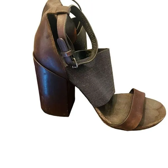 Brunello Cucinelli Monili Strap Block Heel Sandals size39 brown metallic leather