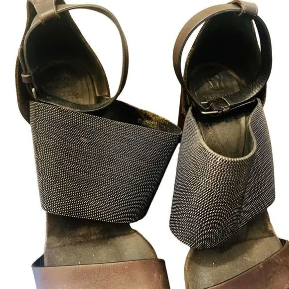 Brunello Cucinelli Monili Strap Block Heel Sandals size39 brown metallic leather
