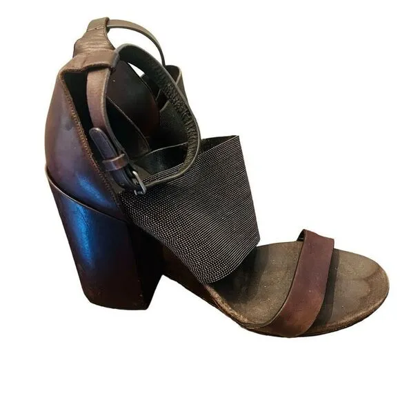 Brunello Cucinelli Monili Strap Block Heel Sandals size39 brown metallic leather