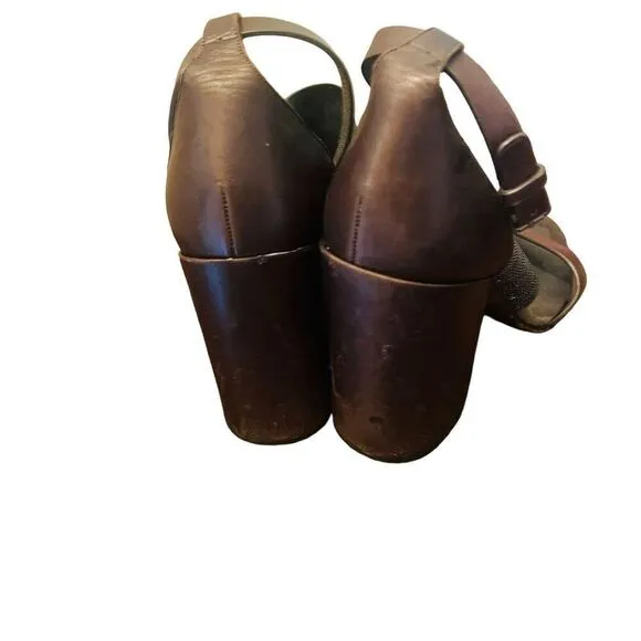 Brunello Cucinelli Monili Strap Block Heel Sandals size39 brown metallic leather